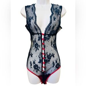 Elegant Black Lace Bodysuit with Red Accents